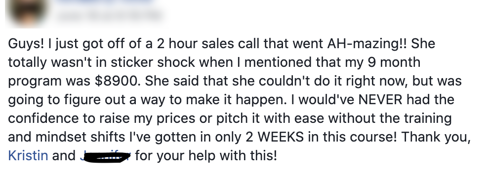 Text message expressing excitement about a successful sales call, mentioning a $8900 program, increased confidence from training, and gratitude towards Kristin and another person for their help.