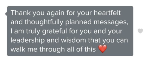 Screenshot of a message expressing gratitude, mentioning heartfelt and thoughtful messages, appreciation for leadership and wisdom