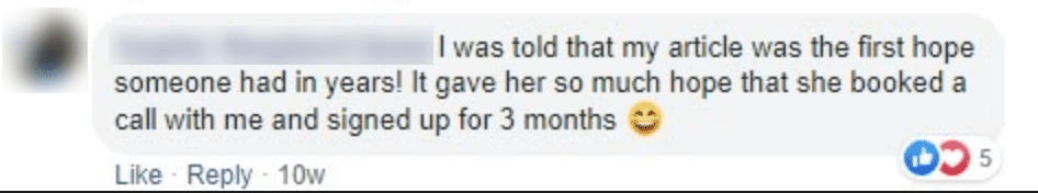 A Facebook comment praising an article for giving hope, leading to someone booking a call and signing up for three months.