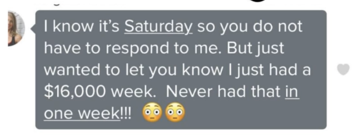 Message showing excitement over earning $16,000 in one week