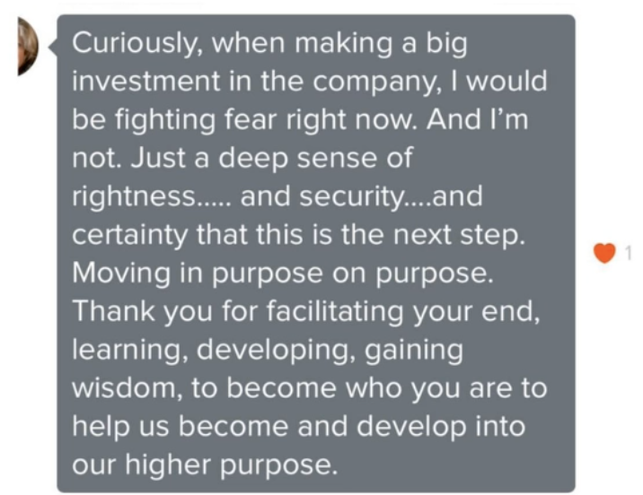 Text message expressing confidence in making a big investment, conveying a sense of rightness and security. Mentions moving with purpose and gaining wisdom.