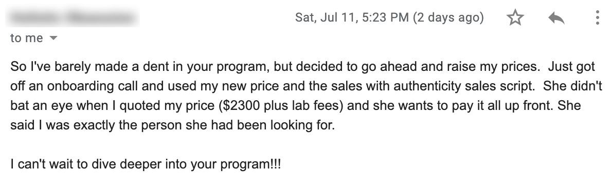 Email screenshot showing a message about successfully raising prices after an onboarding call. The sender is enthusiastic about future engagement in the program.