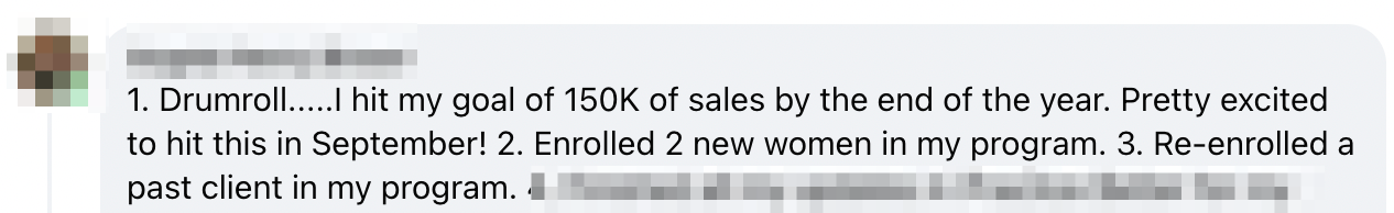 Screenshot of a social media post with bullet points stating sales goals achieved, new enrollments, and a client re-enrollment.