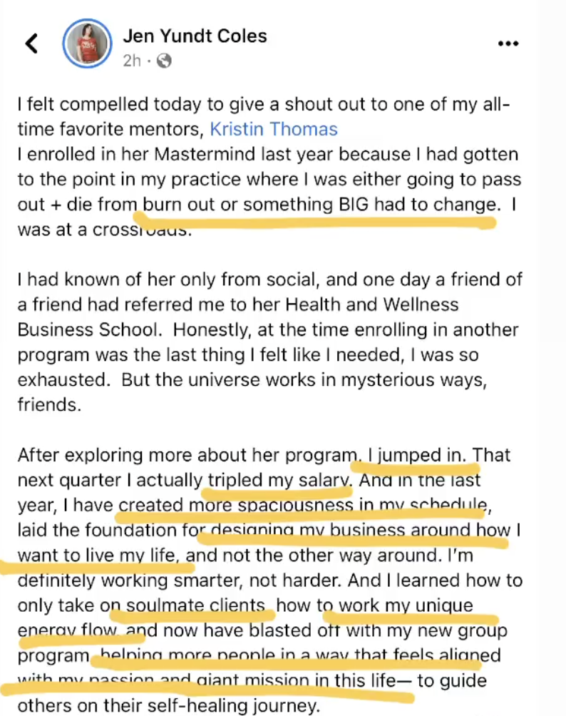 Screenshot of a Facebook post by Jen Yundt Coles expressing gratitude to her mentor, Kristin Thomas / Sage Summer, for her Mastermind program, mentioning benefits like tripled salary, improved work-life balance, and alignment with personal passion.