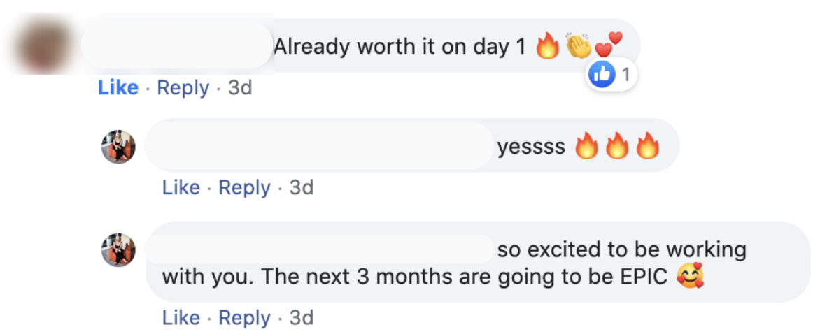 Screenshot of a Facebook conversation with three comments expressing excitement about a work collaboration