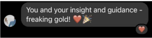 Message with heart and party popper emojis, praising Sage's insight and guidance as valuable.