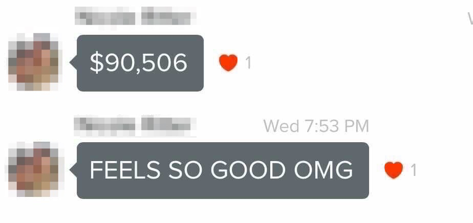 Message exchange showing $90,506 and 'Feels so good OMG'.