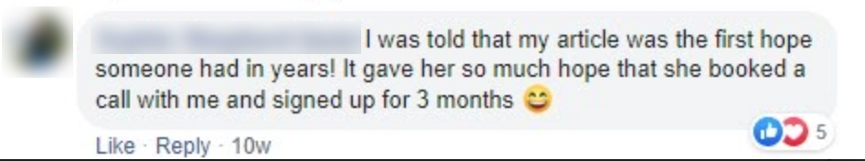 A social media comment with blurred sender name, expressing how their article inspired someone to have hope, leading to a call booking and three-month subscription.