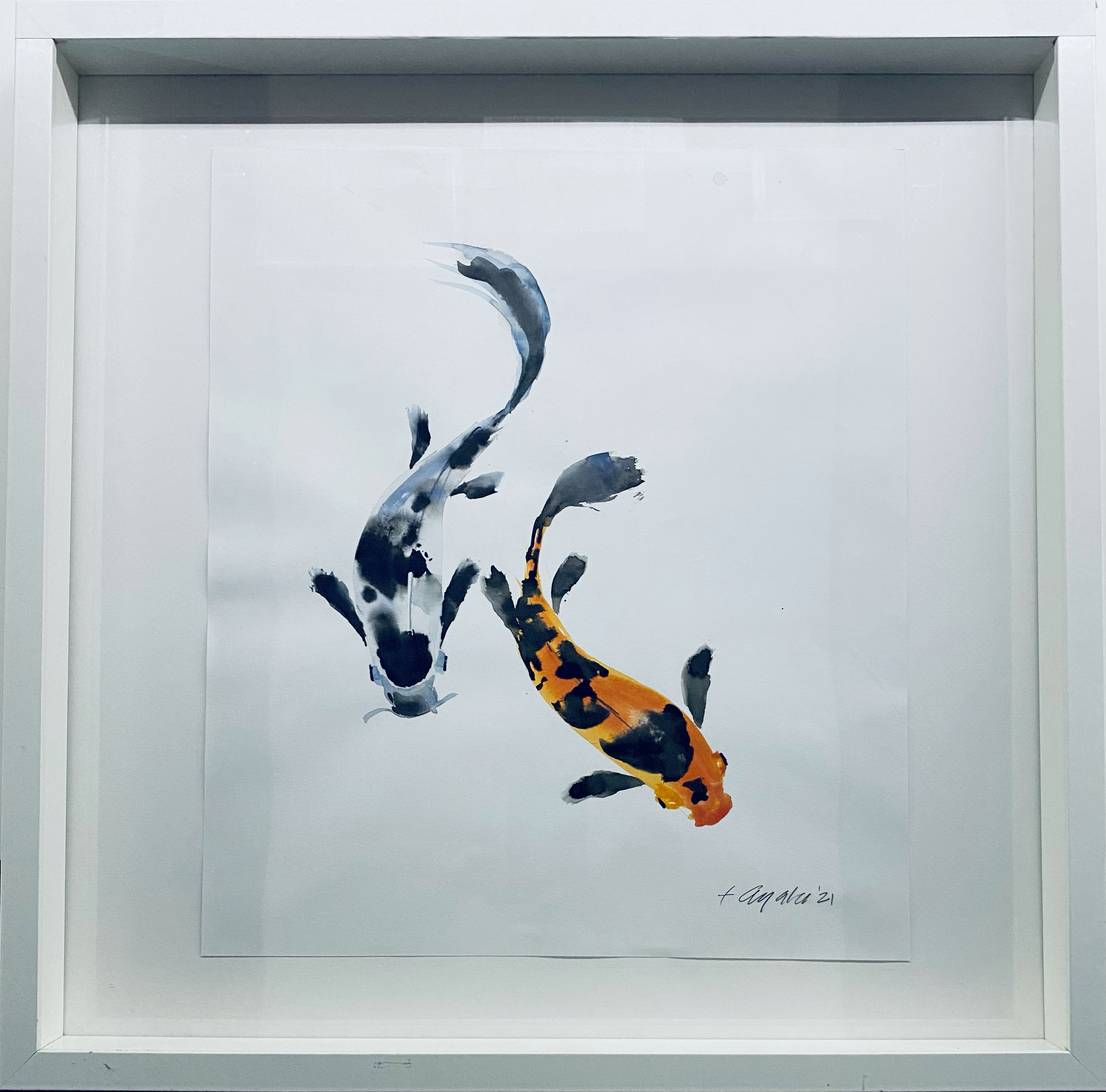 KOI SILVER+ORANGE 
| 21"X21"X2"D  MATTE WHITE FRAMED | $400.