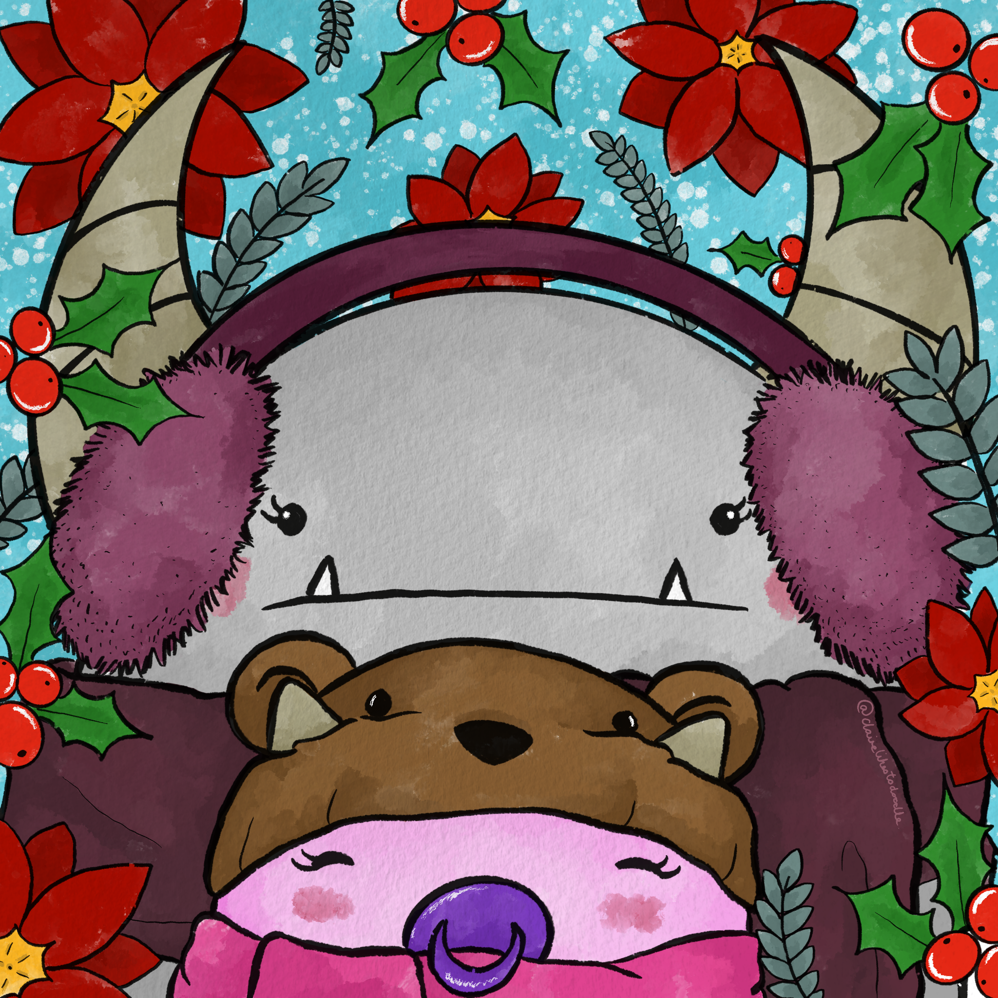 Winter Bernard (and Baby) - Procreate, 2020. 

A little piece to follow up the Autumn Bernard, playing with more wintery and Christmassy colours.