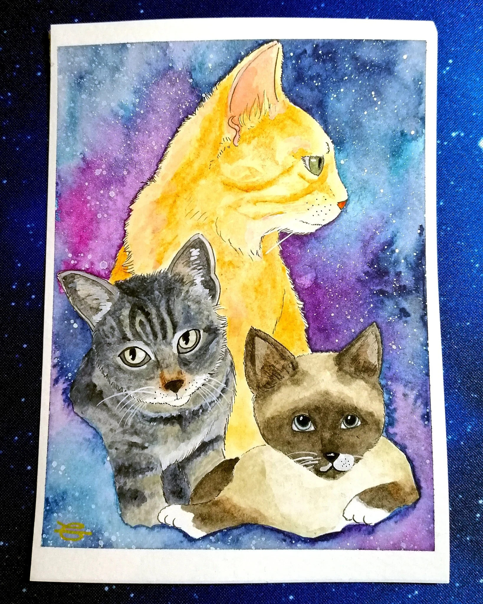 Space Cats - watercolour, ink and fineliner, 2020.

A composition of the client's cats, commissioned as a Christmas gift. They specifically requested that I have free reign with the background of the piece.