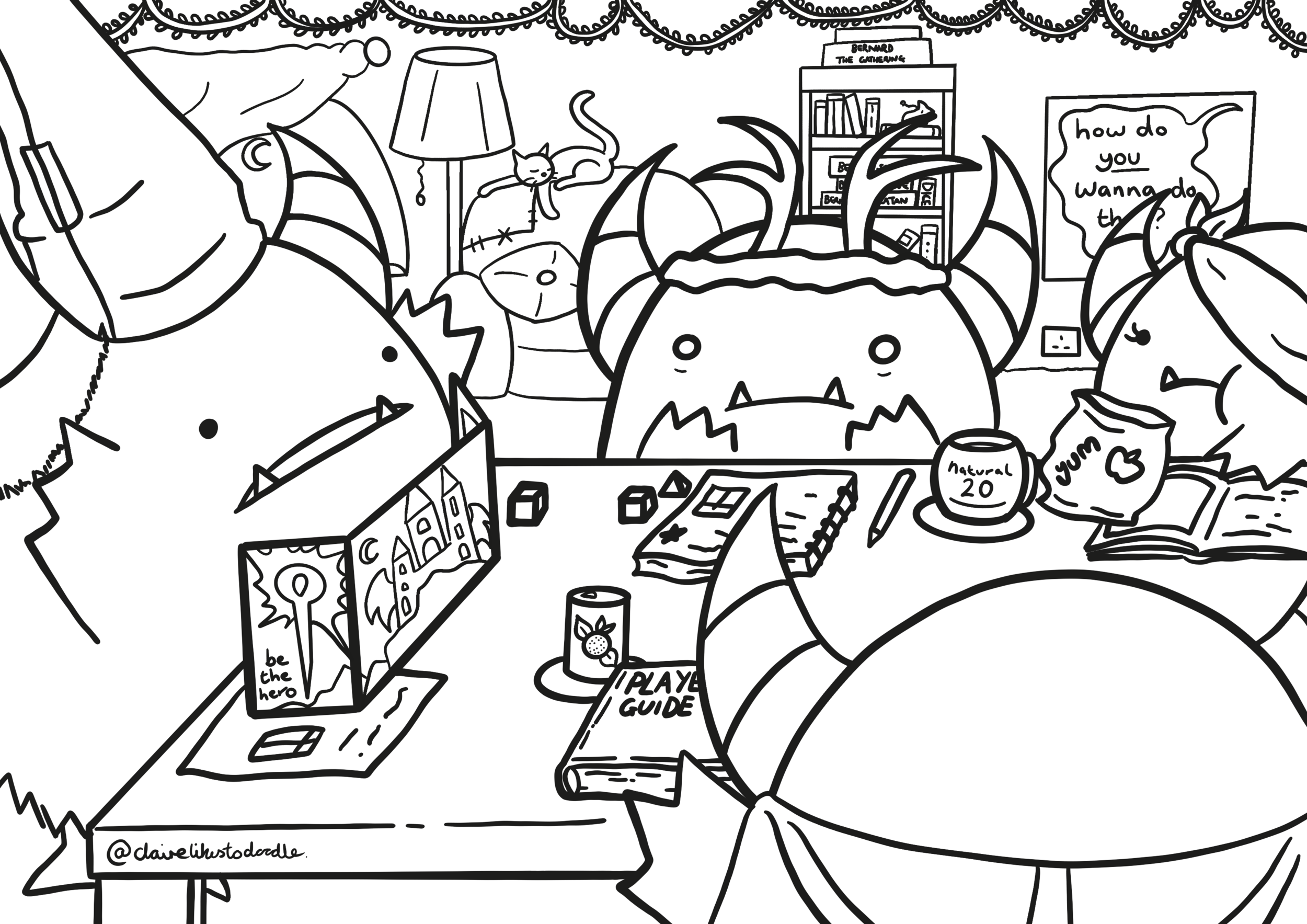Dungeons and Dragons and Bernards - Procreate, 2020.

I made this piece of line art available for people to colour, something that meant I could go all in on the detail without focusing on how much work I would need to put into colouring it myself!
