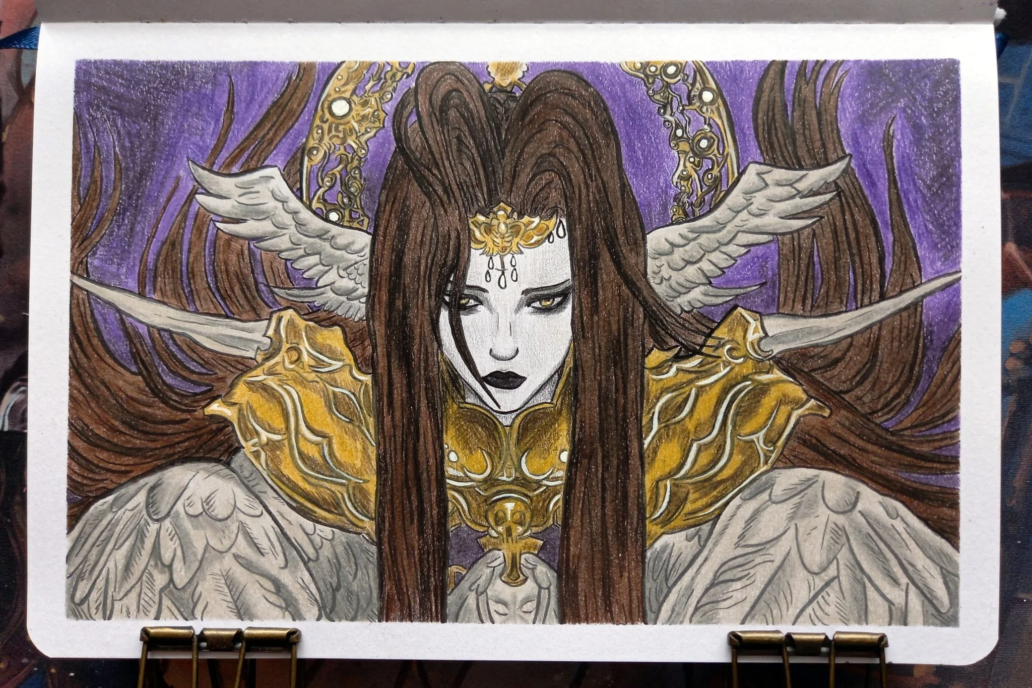 Endsinger - Coloured pencil and fineliner, 2022.

A piece of fanart inspired by the final boss of Final Fantasy XIV: Endwalker. This sketchbook page consists of layers of blended coloured pencil to bring as much depth as possible to the drawing.