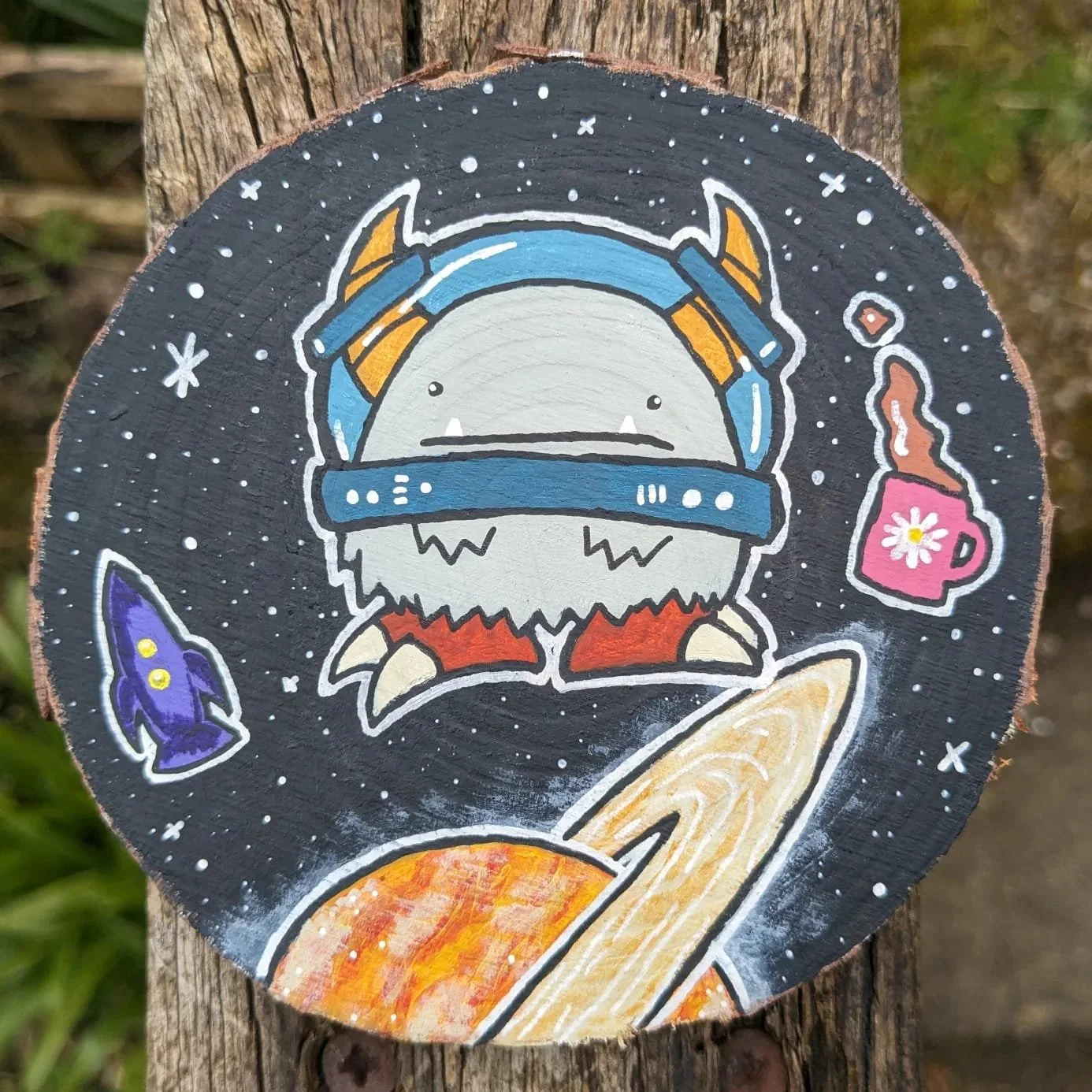 Bernard in Space! - Acrylic painting on a wood slice, 2024.

This craft piece does fall under the umbrella of traditional art I think? Either way, this bright painting of a Bernard floating around in space was created with acrylic paints, including C