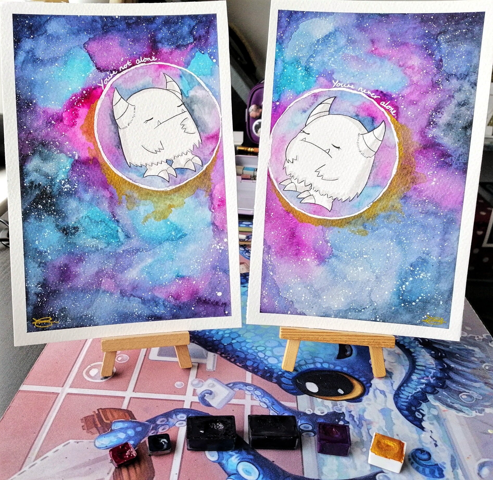 Not Alone (v2) - watercolour and fineliner, 2020.

Another version of this set of paintings, made with a different limited palette of colours from a different paint maker. 