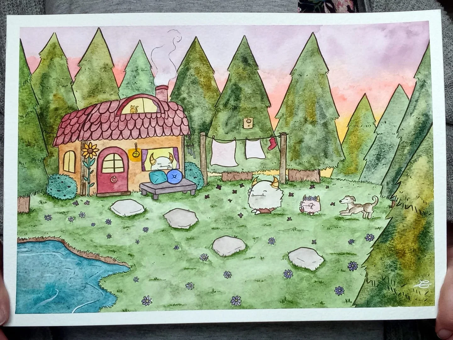 Cosy - watercolour and fineliner, 2022. This A4 piece features my Bernards and was inspired by my own family.