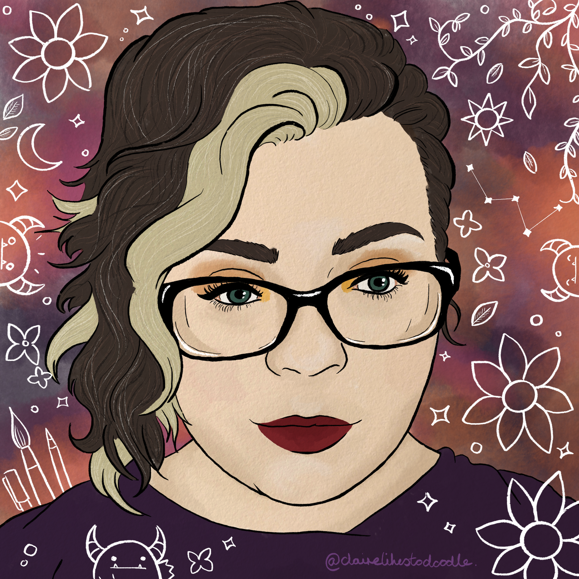 Self portrait - Procreate, 2022. A stylised self portrait featuring some illustrative doodles around it to capture some of my personality.