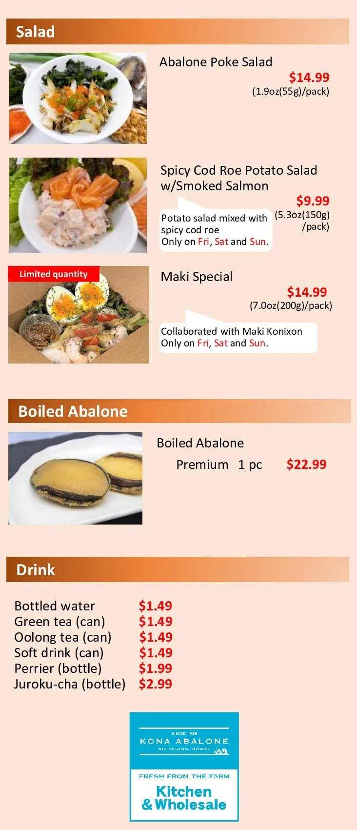 Kona Abalone Menu — Big Island Abalone