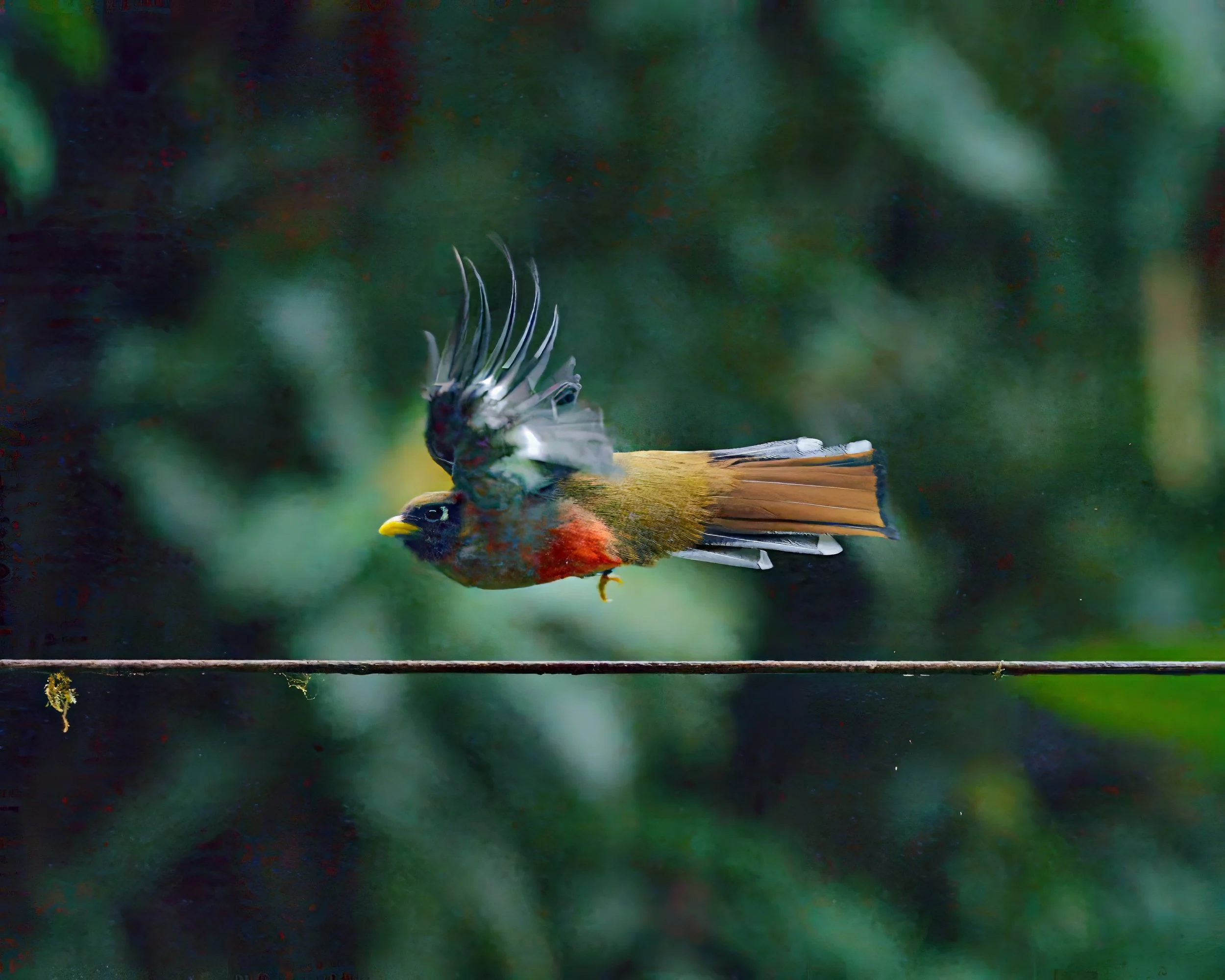 A female masked trogon takes flight.