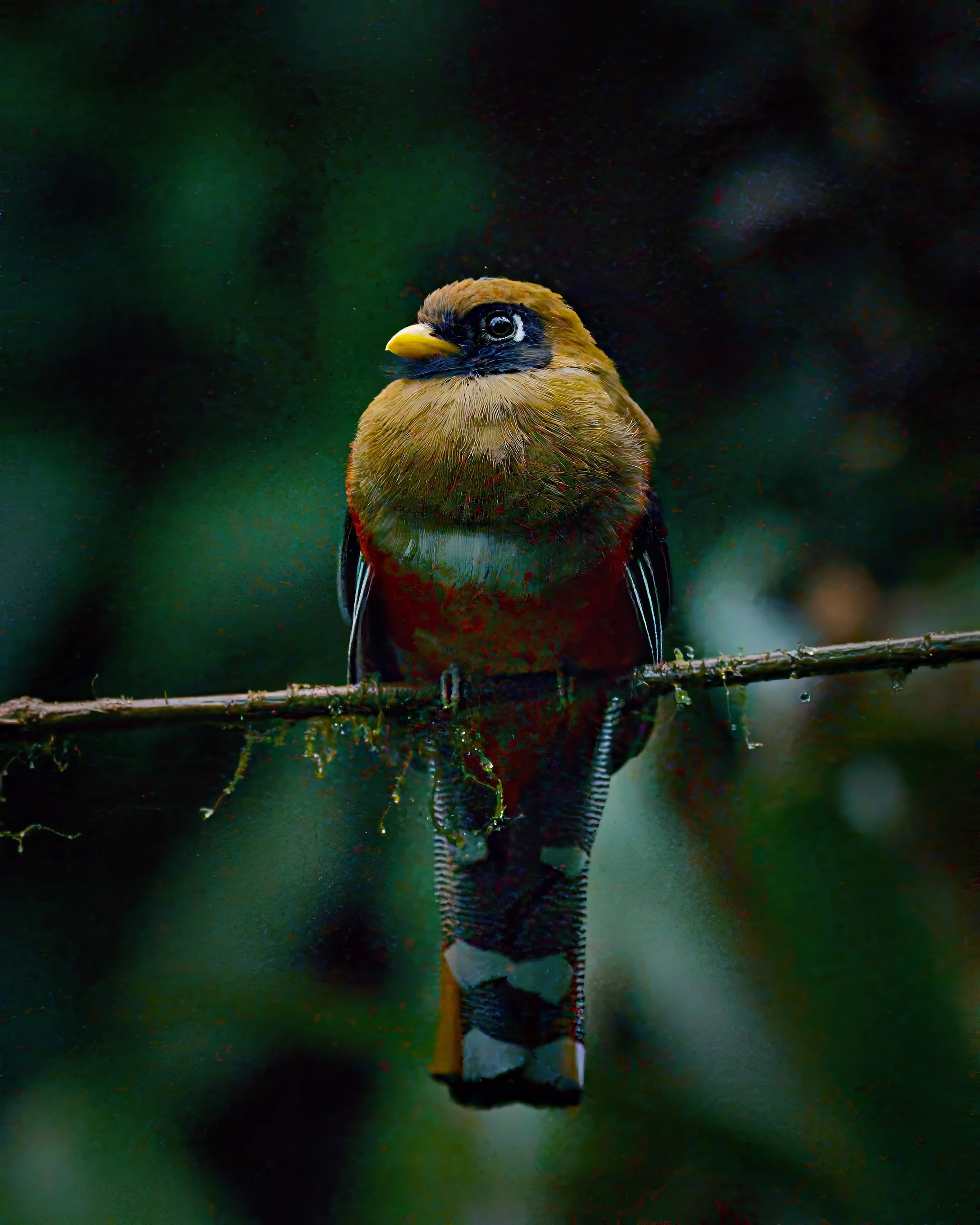 A female masked trogon makes plans for her day.