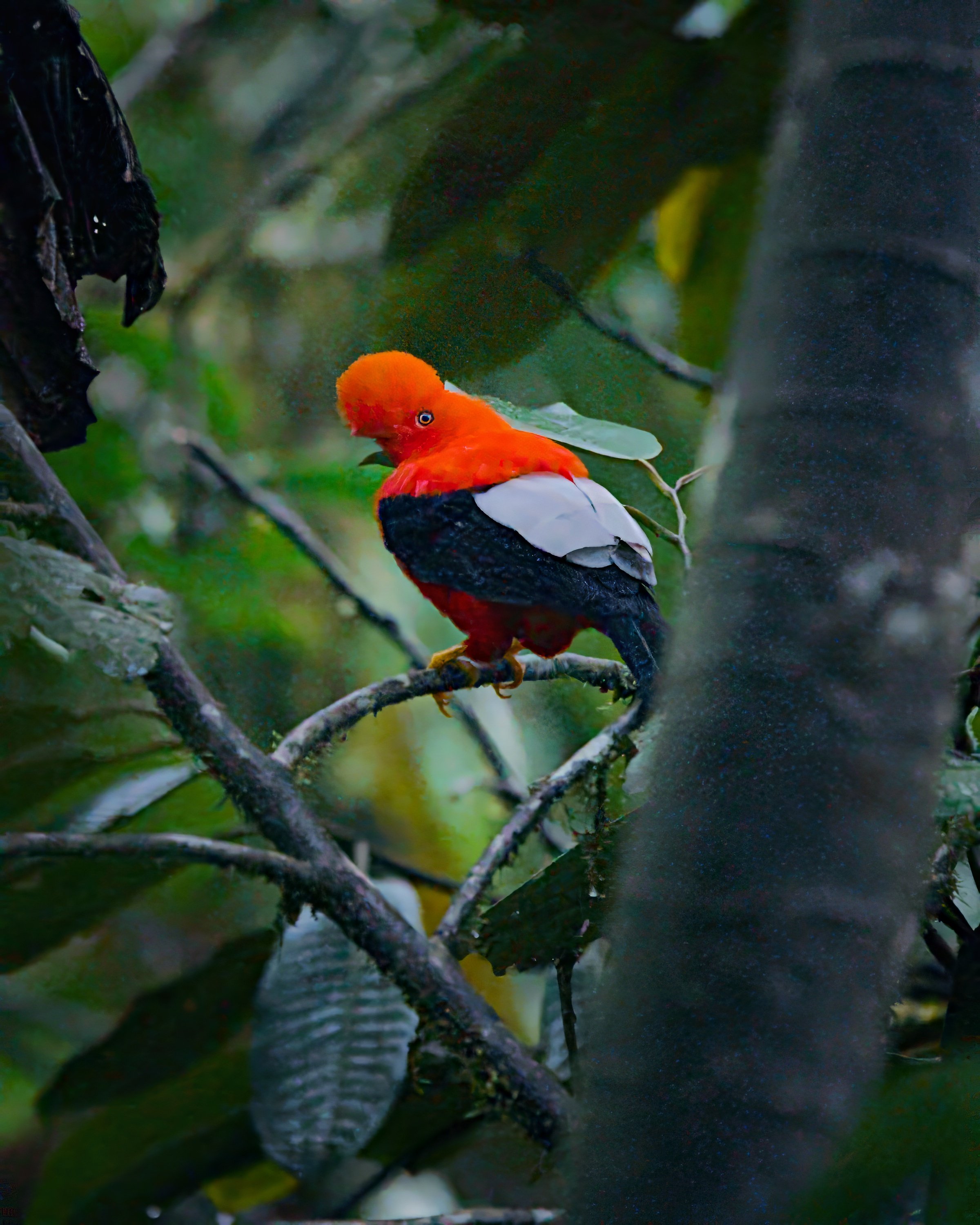 An Andean cock-of-the-rock gives us shy over-the-shoulder looks.