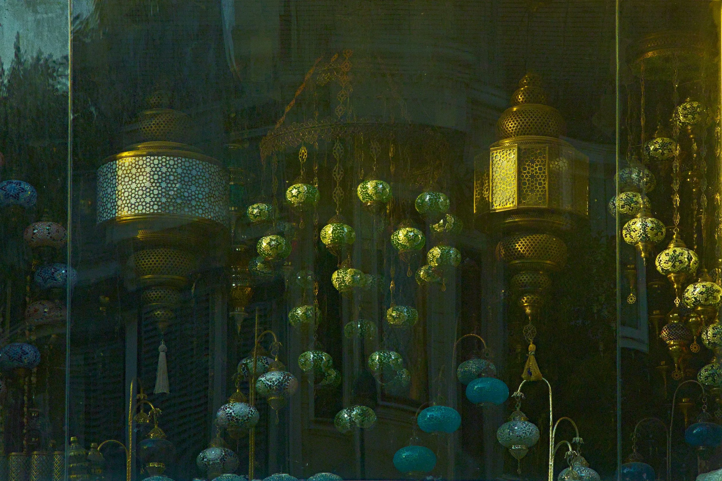 Sunrise through a shop window in Istanbul.