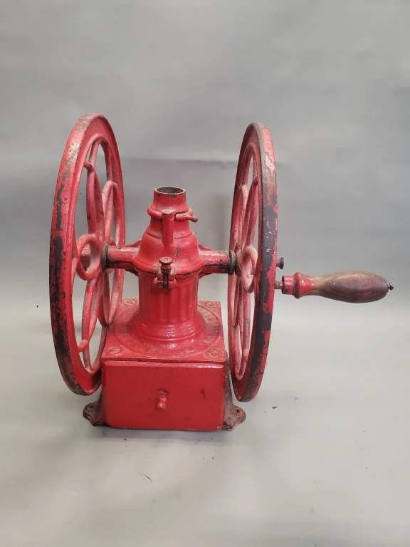 109 - 76 Antique cast iron double wheel coffee grinder.jpg