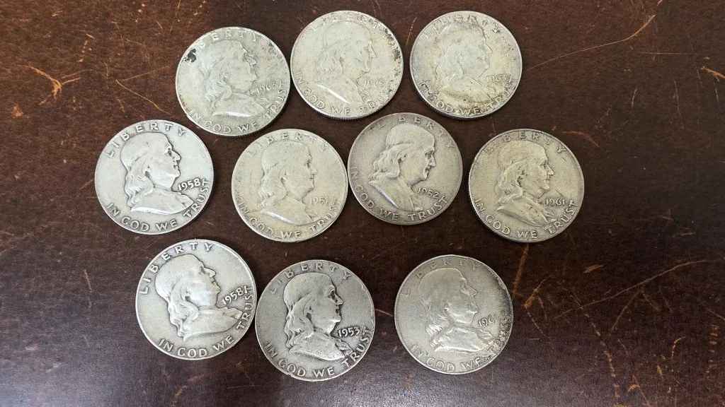 620 10 Franklin silver half dollar coins 1951, 1952-D.jpg