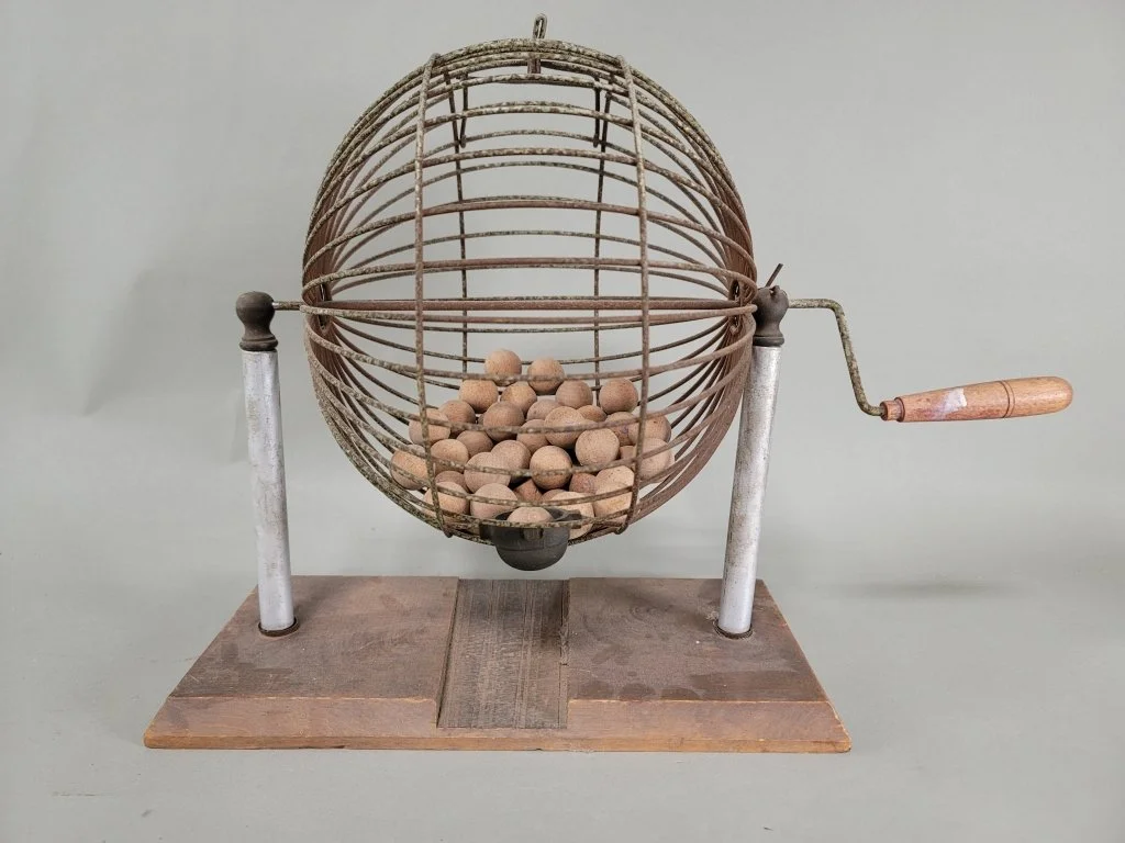 189 - Lot 105 - Vintage tabletop bingo cage spinner filled with.jpg