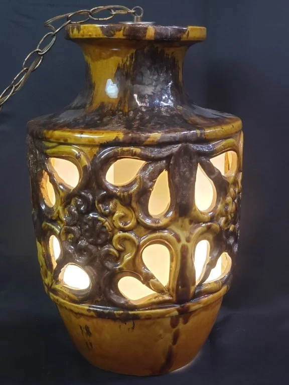 143 - 365 Mid-century glazed ceramic swag pendant lamp.jpg