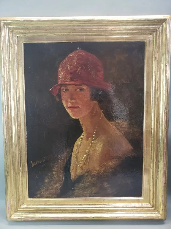 013_Lot_424_Antique_signed_Simon_Maris_20th_century_Realism_style_oil_on_canvas_portrait_Lady_in_a_Red_Hat_Dated.jpg