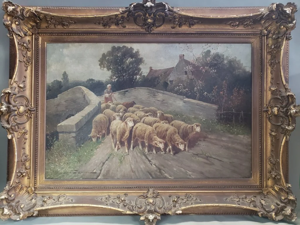 112 Signed oil on canvas pastoral genre painting.jpg