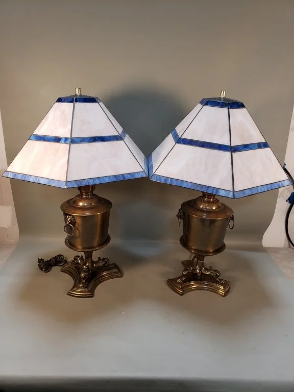119 - Lot 447 - Pair of vintage brass urn table lamps with.jpg