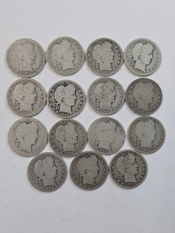 023 - Lot 225 - 15 antique Barber silver quarter coins 1892-1916.jpg