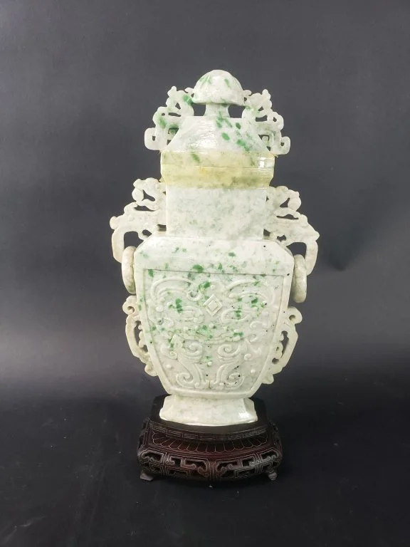 039 - 158 Carved jadeite urn sculpture on a wooden base.jpg