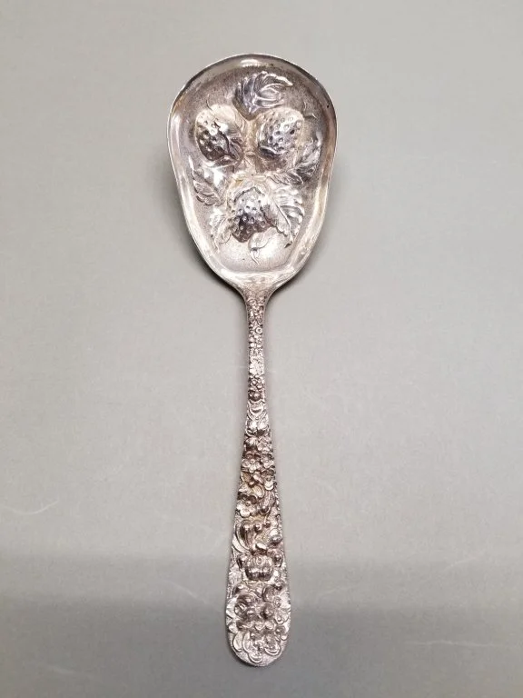 134 - 12 Antique Stieff sterling strawberry serving spoon.jpg