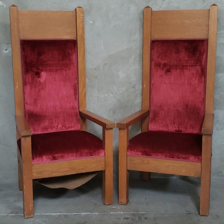152 Pair of vintage oak upholstered throne chairs.jpg