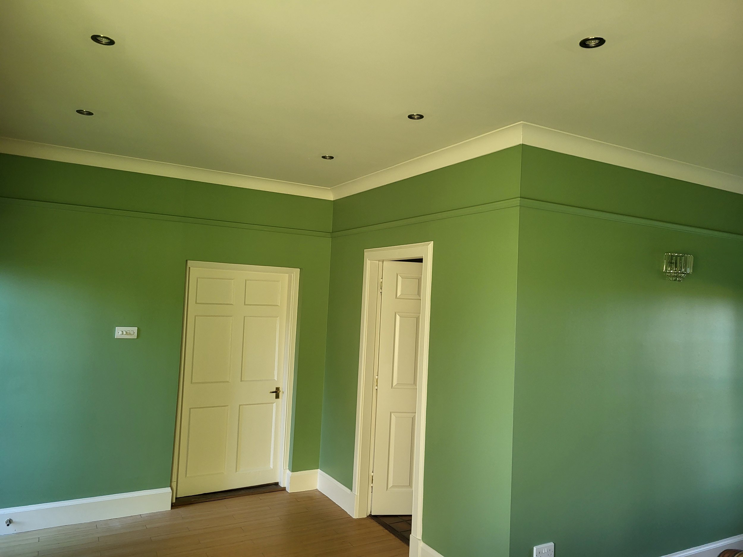 Interior room with green walls and white doors, featuring wooden floorboards and recessed ceiling lights.