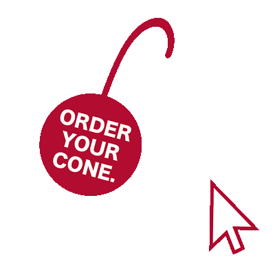 A red background with a graphic of a cherry-shaped icon containing the text 'Order Your Cone' and a white computer cursor pointing toward it.