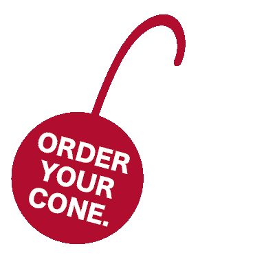 A red Christmas Tree-shaped ornament with a hook on top and the text 'ORDER YOUR CONE.' in white letters.