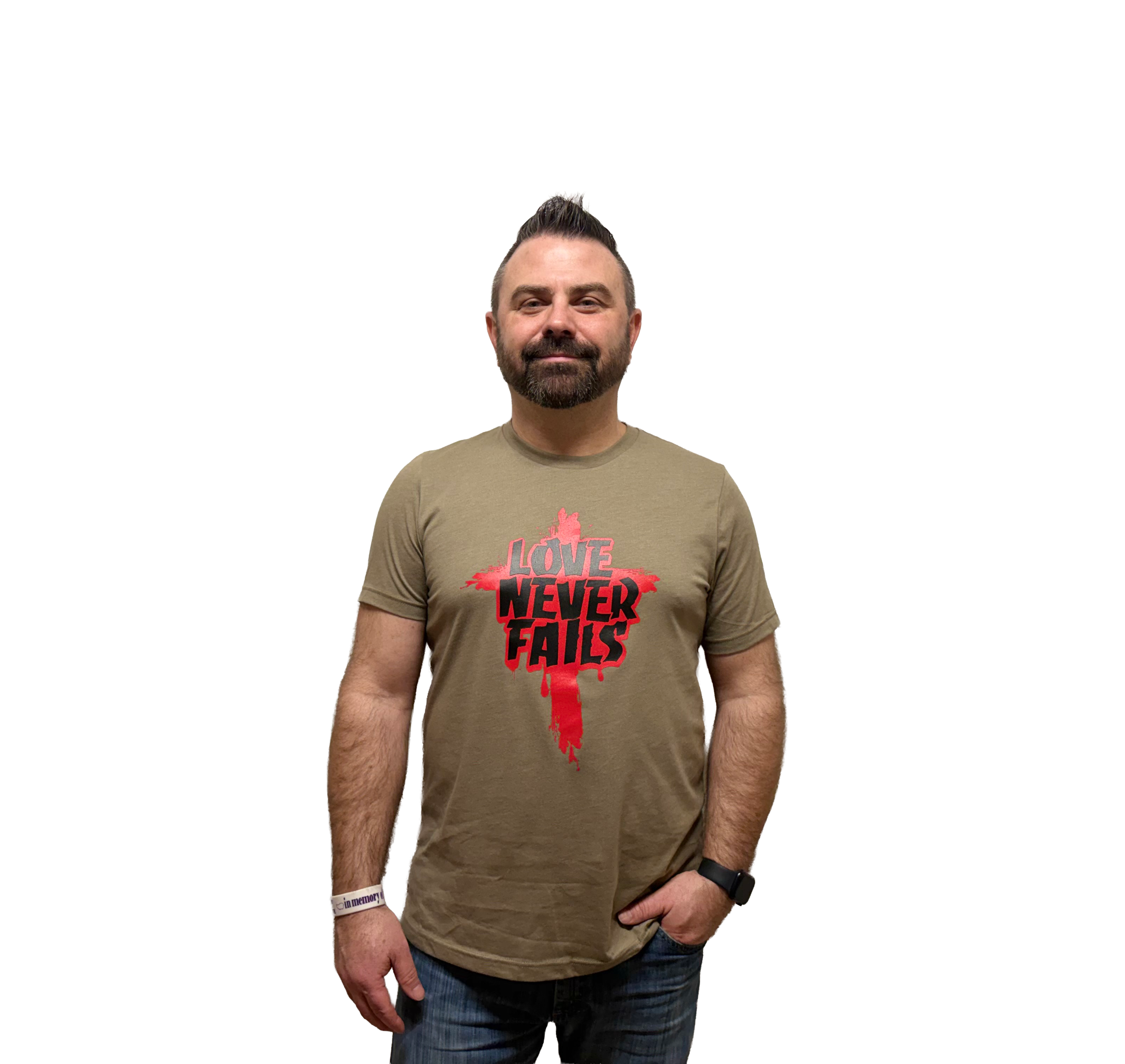 Love Never Fails - T-shirt - Heather Olive transparent.png