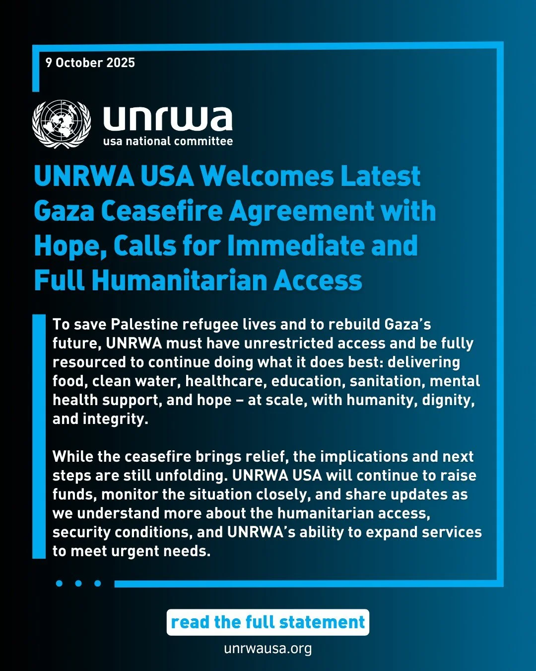 For the millions of Palestine refugees @UNRWA serves &mdash; and for our colleagues in Gaza, most of whom are refugees themselves &mdash; this moment brings a rare sense of relief and hope that the suffering might finally ease.

UNRWA's scale, infras