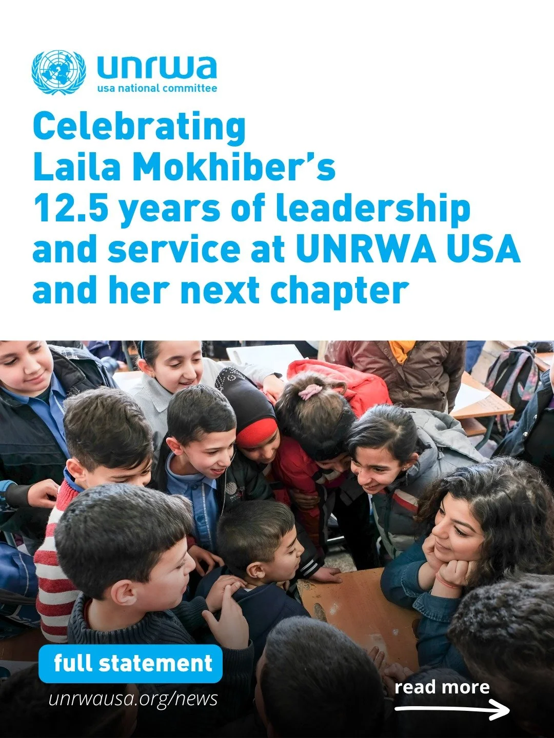 Honoring Laila Mokhiber's 12.5 years and building on her legacy 🤍

After 12.5 extraordinary years, we announce that our beloved Senior Director of Communications, Laila Mokhiber, the heart and soul of UNRWA USA, will begin a new chapter starting in 