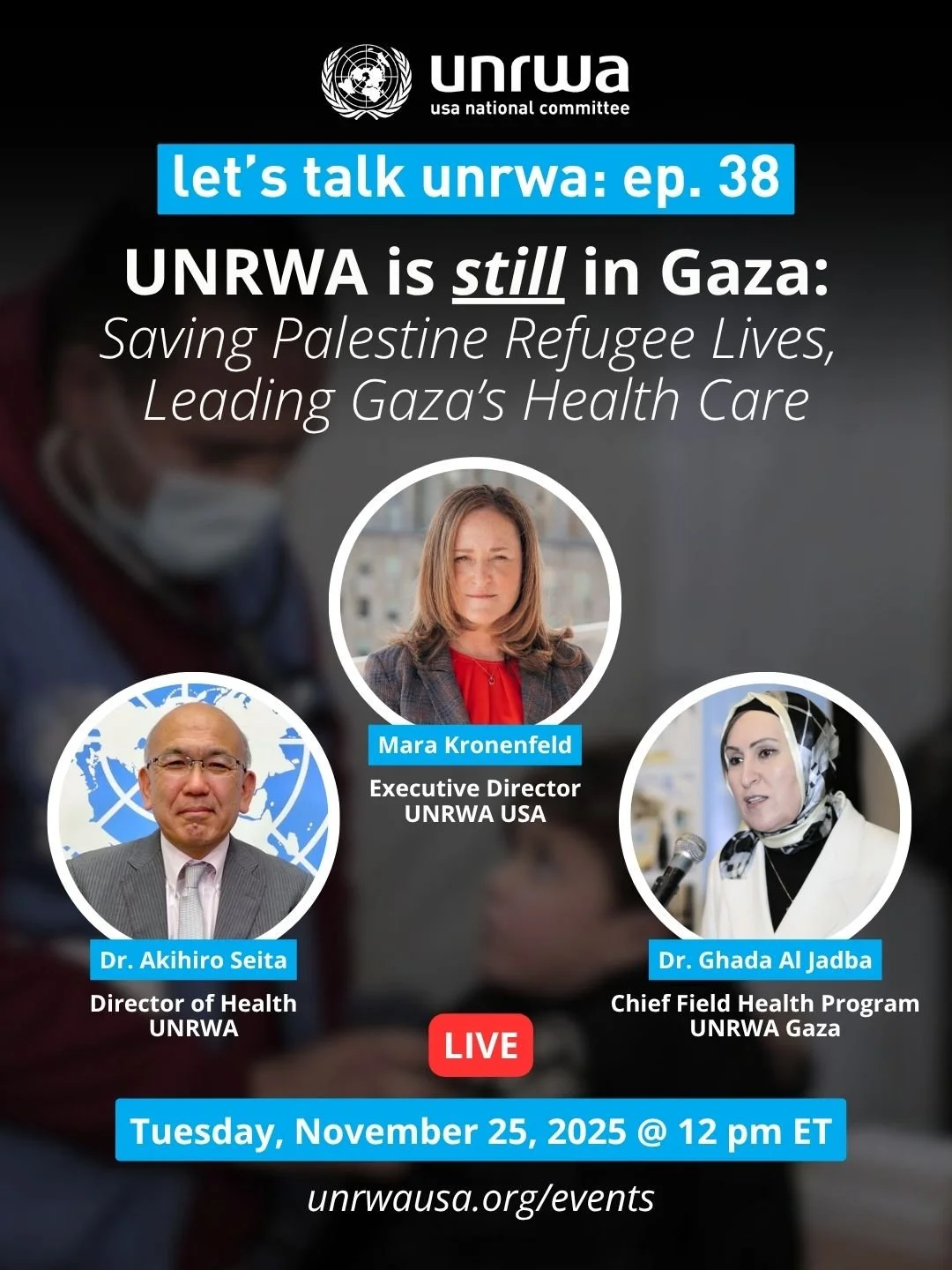 🎙️If you&rsquo;ve been wondering whether UNRWA is still in Gaza (the answer is yes), then #LetsTalkUNRWA episode 38 is for you.

Join UNRWA USA Executive Director @MaraKronenfeld in conversation with Dr. Akihiro Seita, UNRWA&rsquo;s Director of Heal