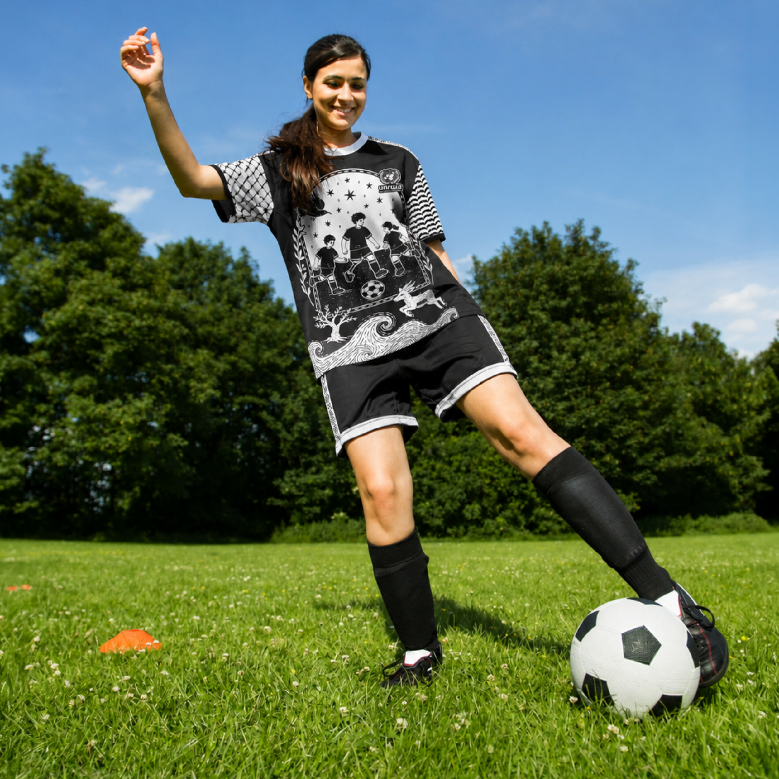 Woman wearing soccer jersey.png