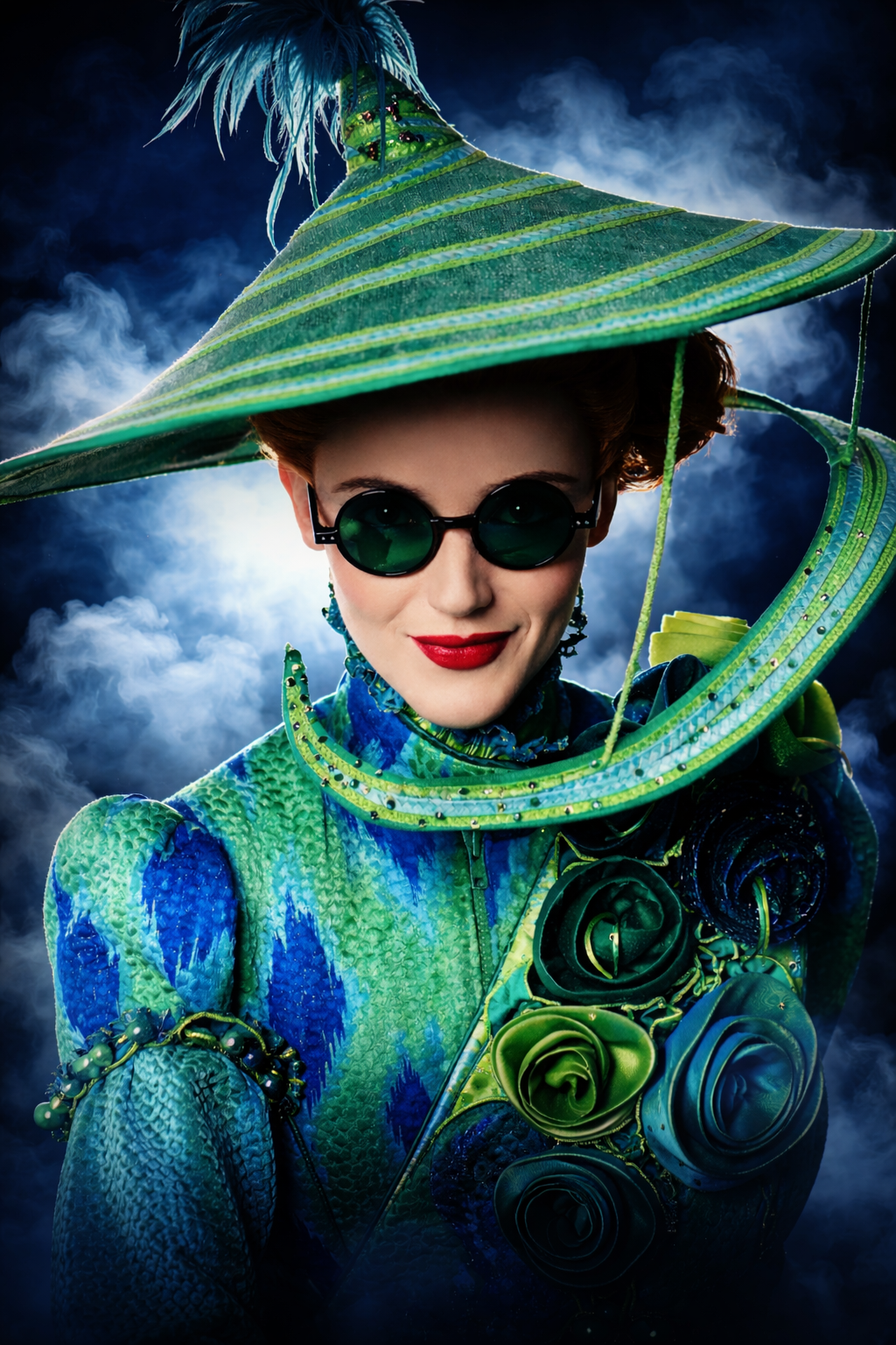 A woman wearing a large, green, and blue hat with feather and ribbon details, round dark sunglasses, bright red lipstick, and a textured, vibrant dress with floral and scale-like patterns, standing against a dark cloudy background.