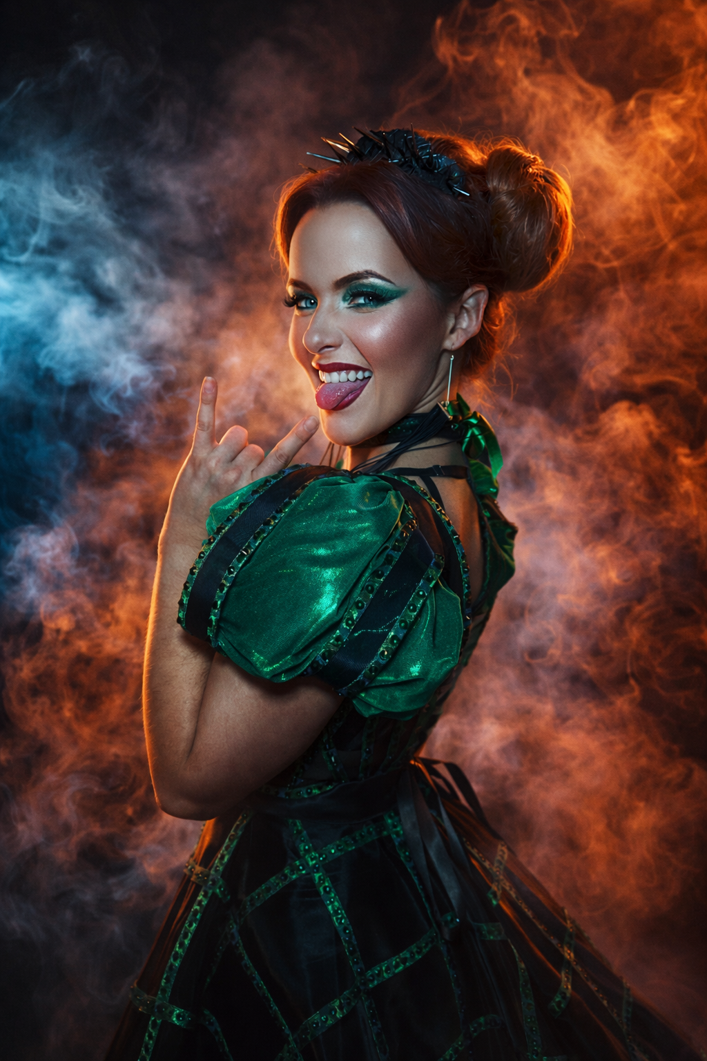A woman in a shiny green and black costume with spiked accessories on her head, makeup, and earrings, poses with a playful expression, tongue out, and making a rock hand gesture, surrounded by orange and blue smoke.
