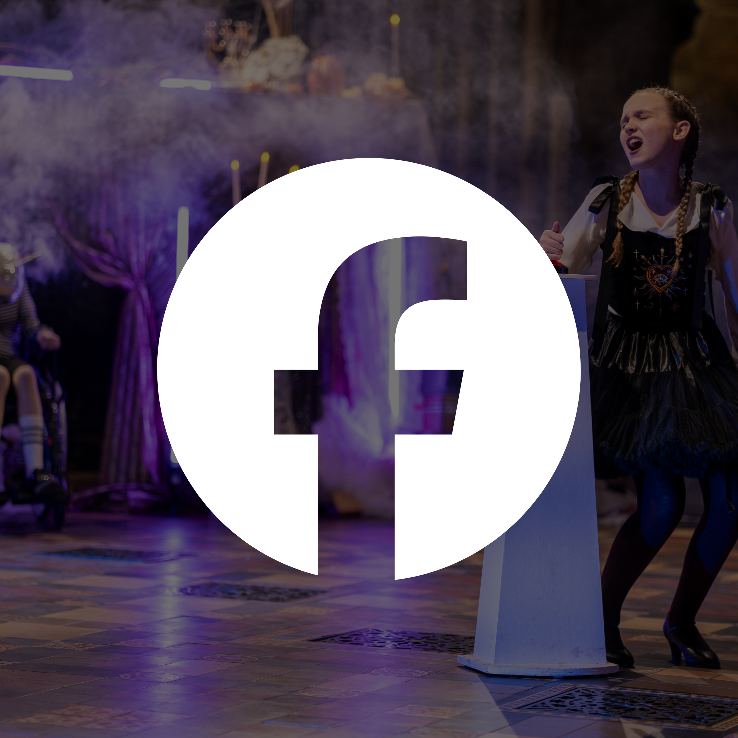 A woman with braided hair singing passionately at a church or cathedral, standing at a white lectern, with candles and smoke in the background, illuminated by purple and blue lighting.