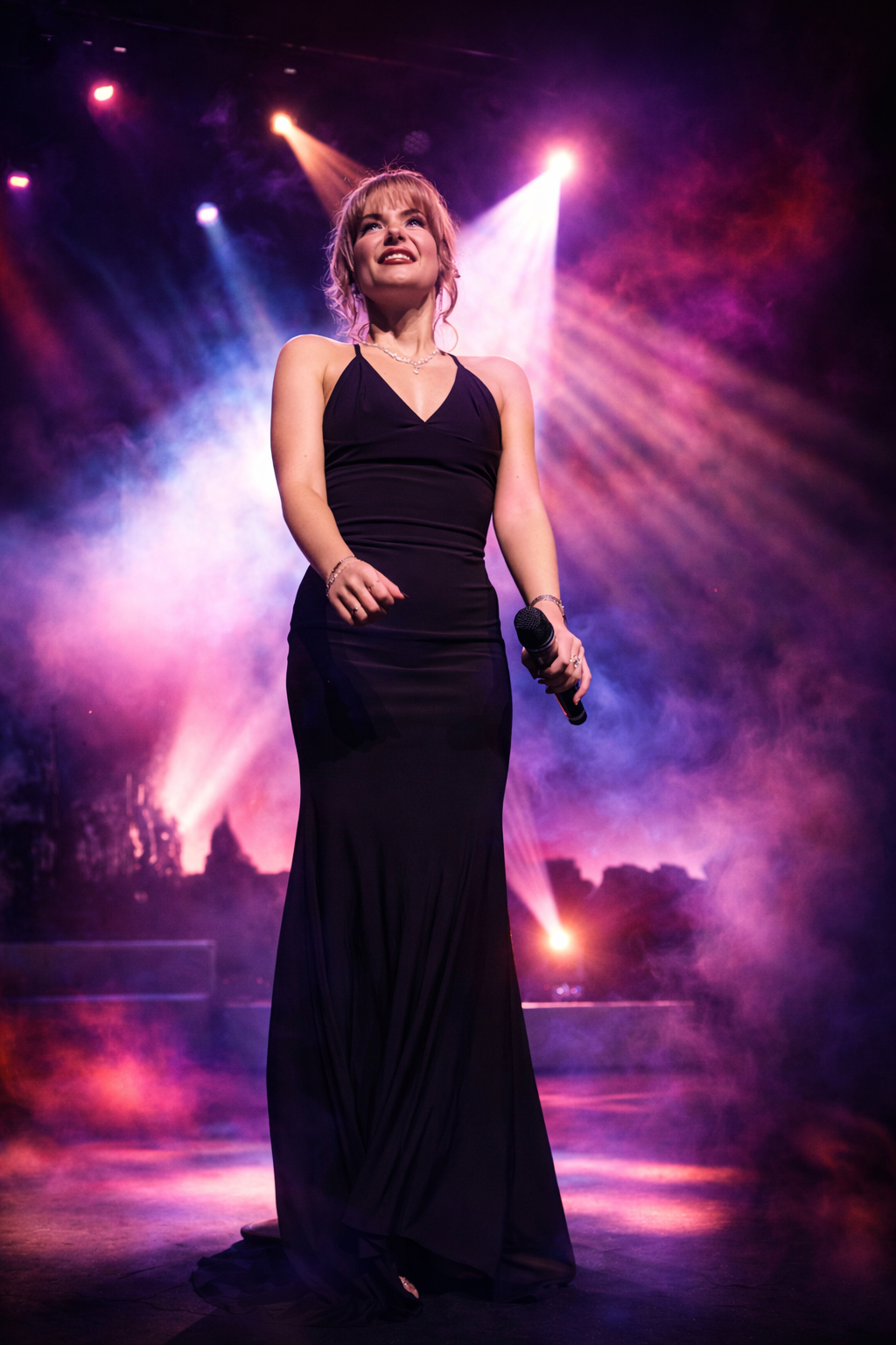 A woman in a black evening gown holding a microphone on stage with colorful lights and fog.