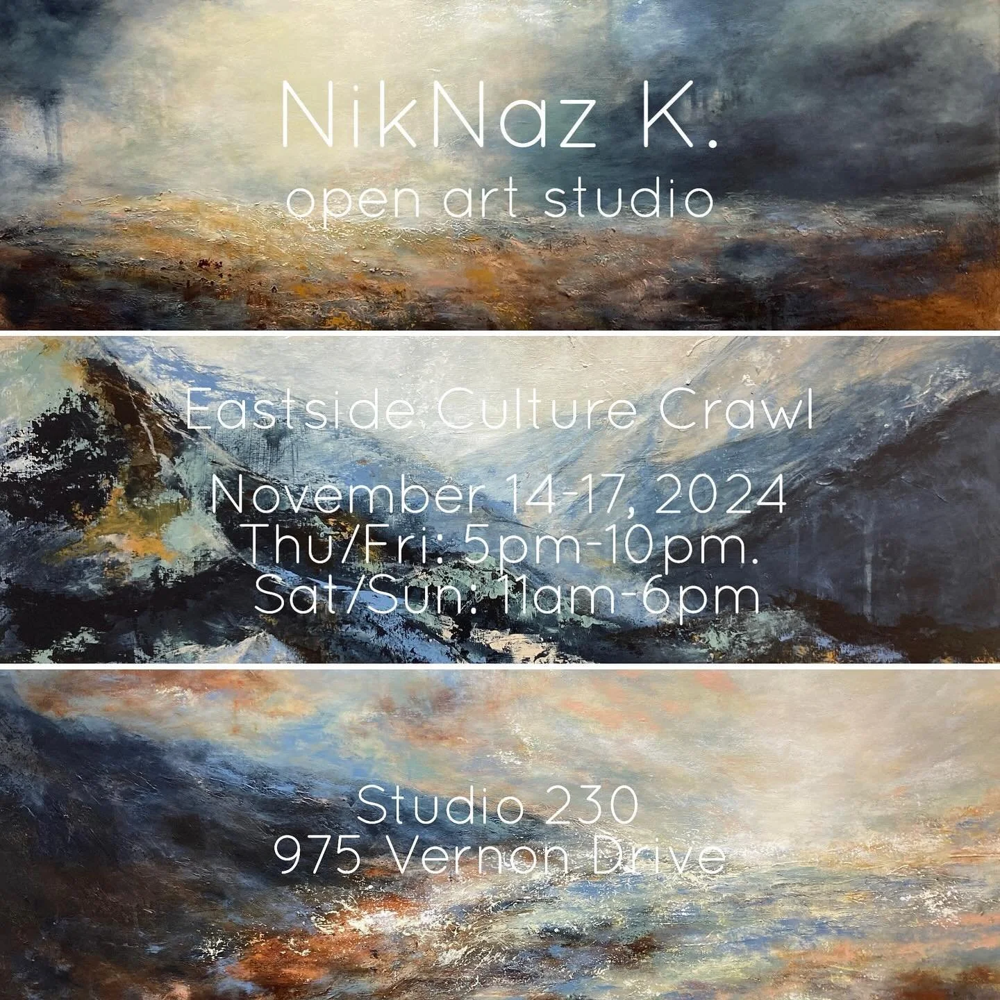 Excited to share paintings from my new series, Imaginary Terrains, with you during this year&rsquo;s #eastsideculturecrawl 

When: November 14-17, 2024.
Thu/Fri: 5pm-10pm.
Sat/Sun: 11am-6pm

Where: The Mergatroid Building, studio 230-975 Vernon Drive